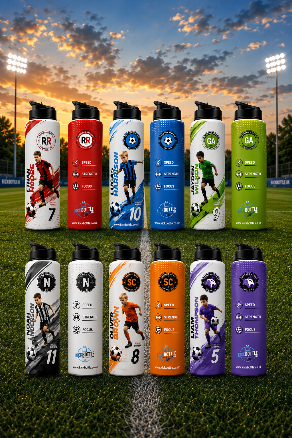 Personalised Football Water Bottle with Photo, Name, Number & Team Badge – 750ml | Kickbottle™