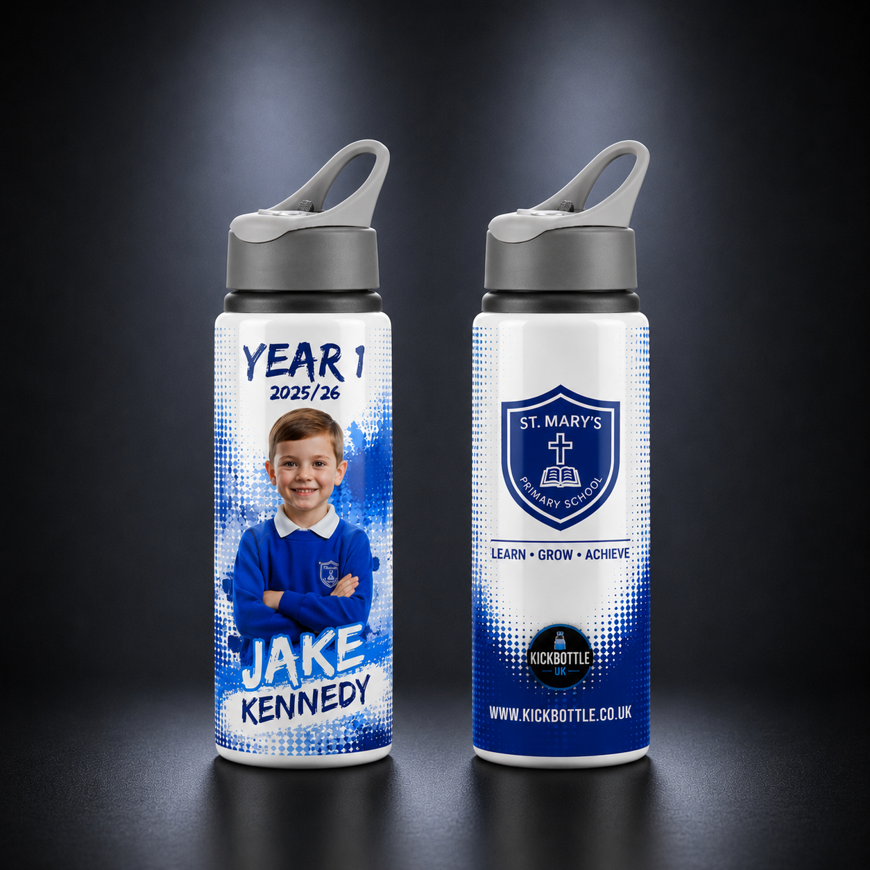Personalised School Water Bottle with Photo, Name & School Badge – 650ml | Kickbottle™