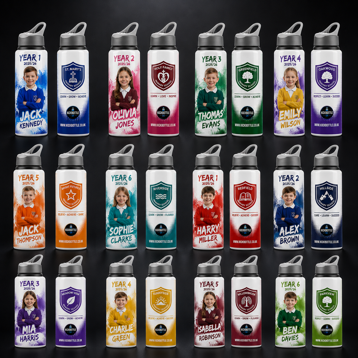 Personalised School Water Bottle with Photo, Name & School Badge – 650ml | Kickbottle™