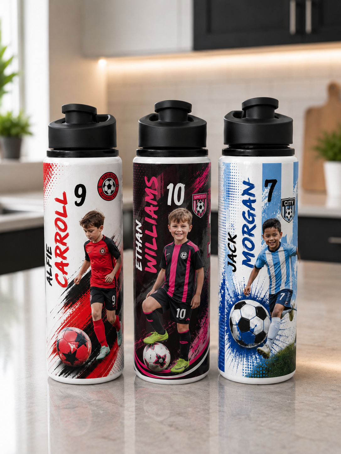 Personalised Football Water Bottle with Photo, Name, Number & Team Badge – 750ml | Kickbottle™